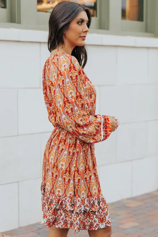 Orange western pattern print lantern sleeve drawstring mini dress - dresses