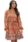 Orange western pattern print lantern sleeve drawstring mini dress - dresses