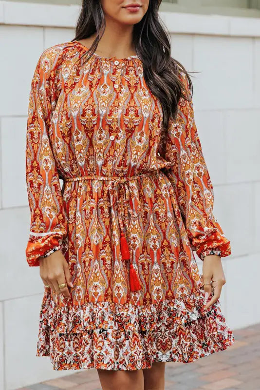 Orange western pattern print lantern sleeve drawstring mini dress - dresses