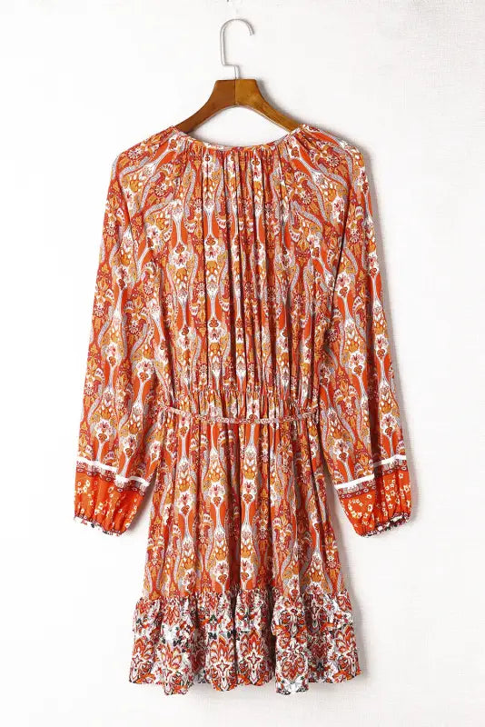 Orange western pattern print lantern sleeve drawstring mini dress - dresses