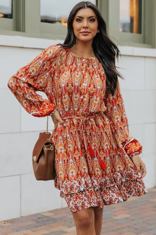 Orange western pattern print lantern sleeve drawstring mini dress - dresses