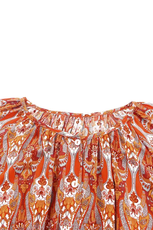 Orange western pattern print lantern sleeve drawstring mini dress - dresses