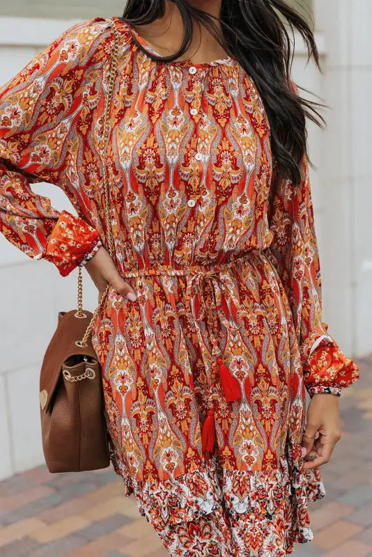 Orange western pattern print lantern sleeve drawstring mini dress - dresses