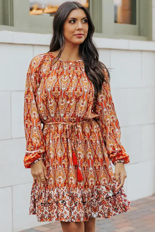 Orange western pattern print lantern sleeve drawstring mini dress - dresses