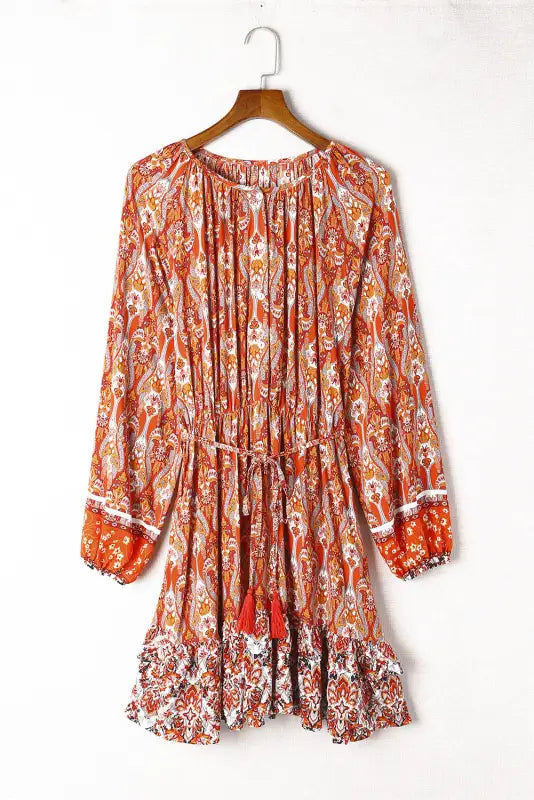 Orange western pattern print lantern sleeve drawstring mini dress - dresses