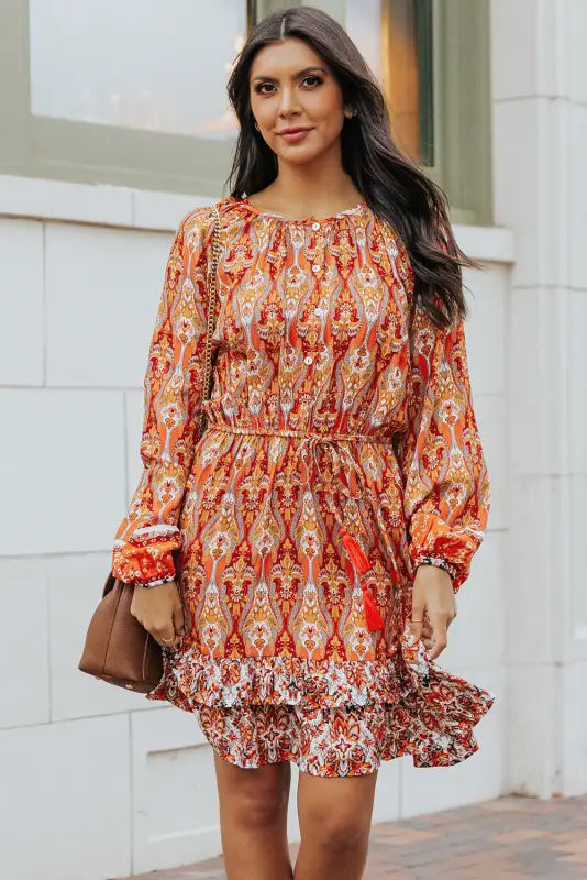 Orange western pattern print lantern sleeve drawstring mini dress - s / 100% viscose - dresses