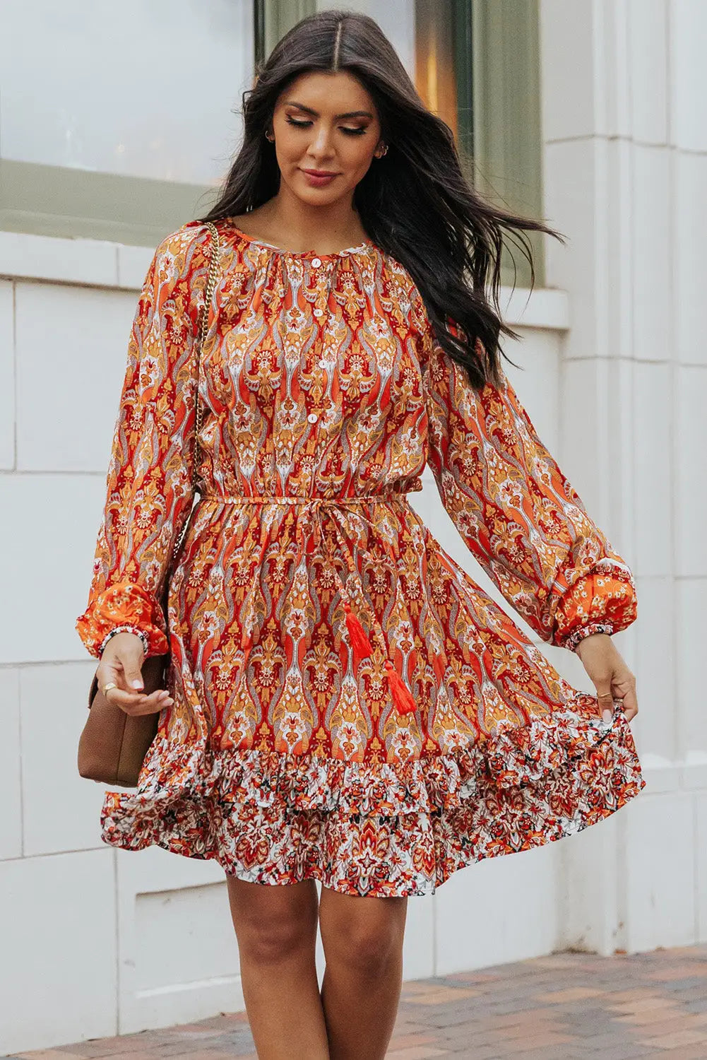 Orange western pattern print lantern sleeve drawstring mini dress - dresses