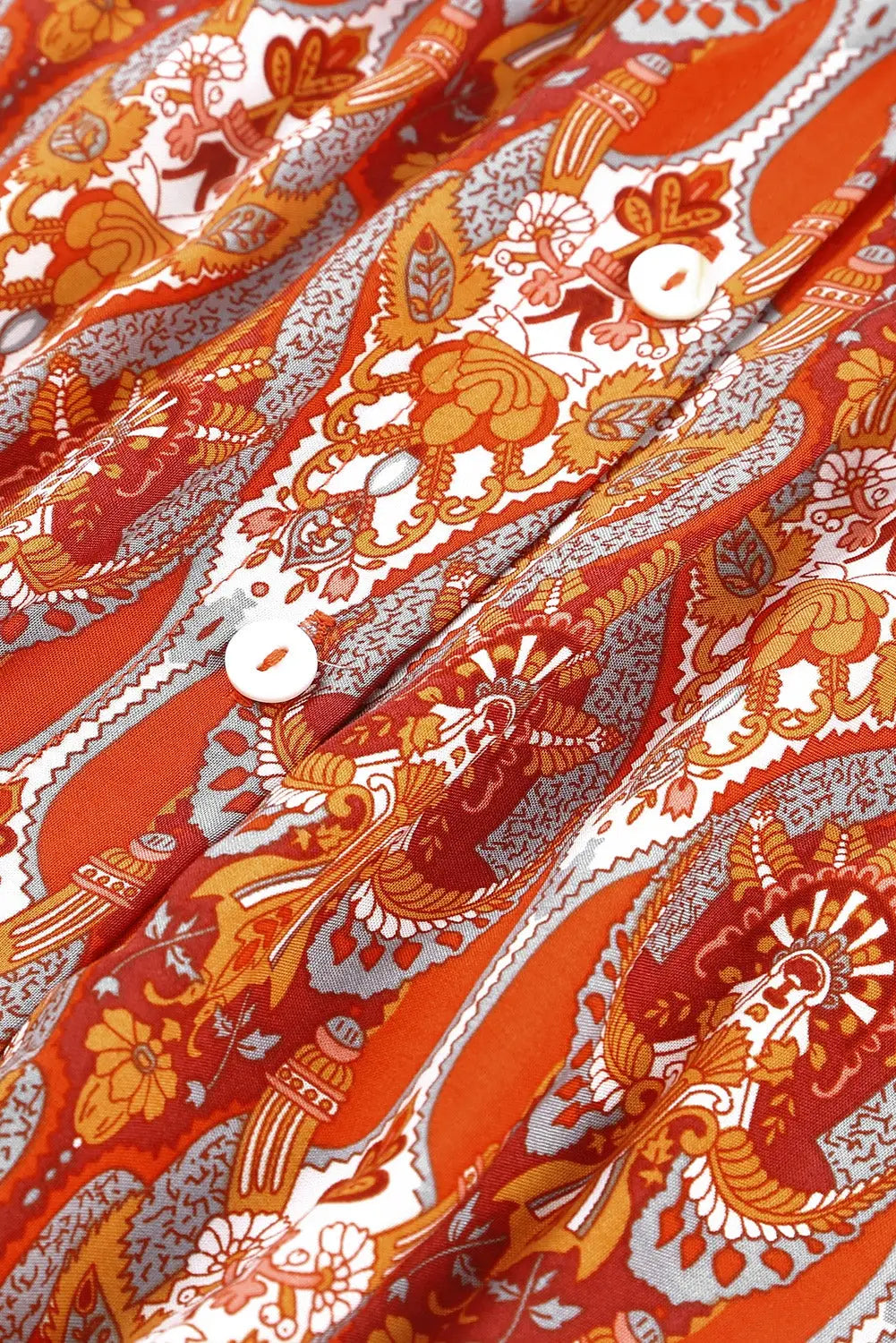 Orange western pattern print lantern sleeve drawstring mini dress - dresses