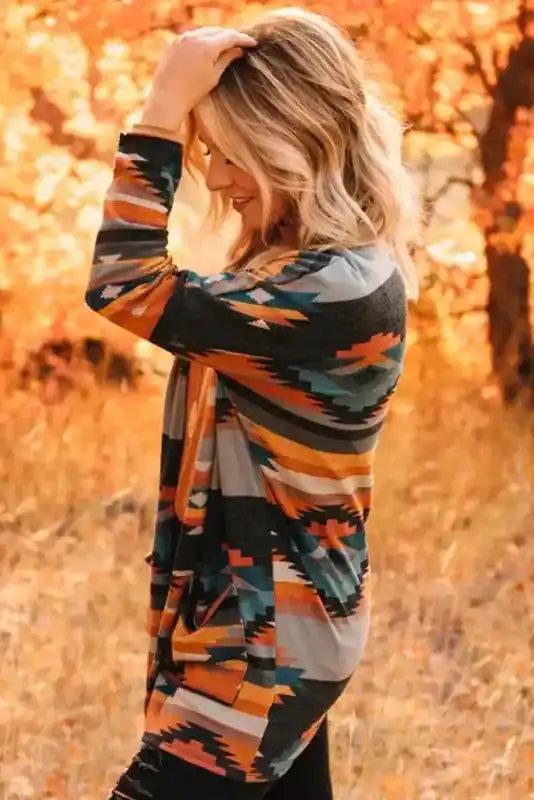 Western Aztec knit open front cardigan back view — Fashionfitz UK