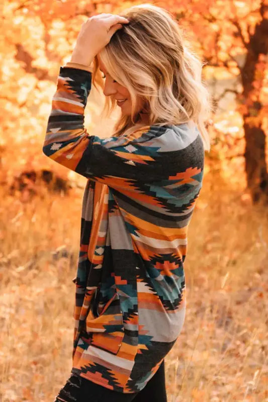 Orange western tribal aztec print cardigan - sweaters & cardigans