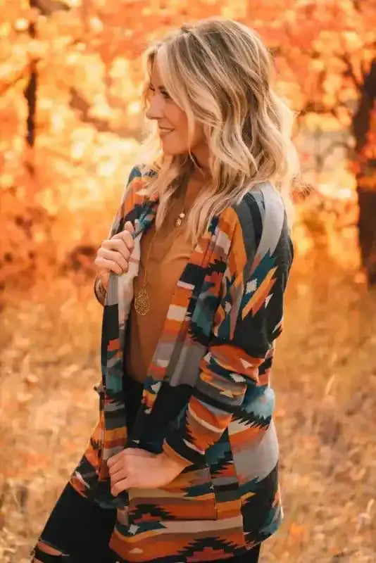 Back view of orange western aztec knit cardigan Fashionfitz UK