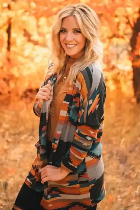 Close-up of bold aztec geometric knit pattern on western open front cardigan Fashionfitz UK