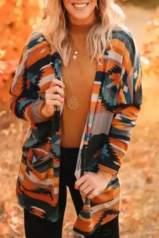 Orange western Aztec knit open front cardigan front view — Fashionfitz UK