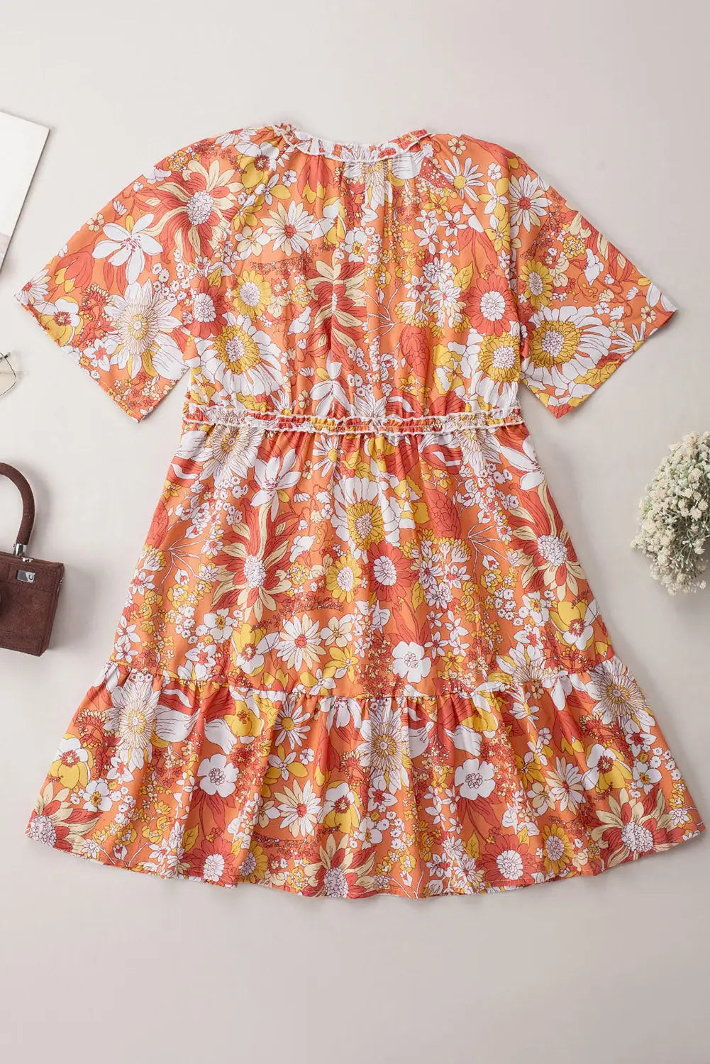 Orange wide flutter sleeve floral dress - dresses