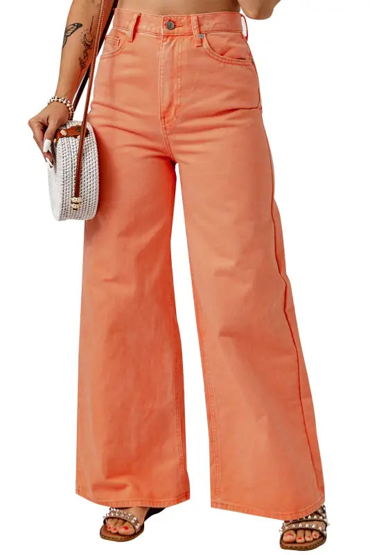 Orange acid wash high waist wide leg jeans