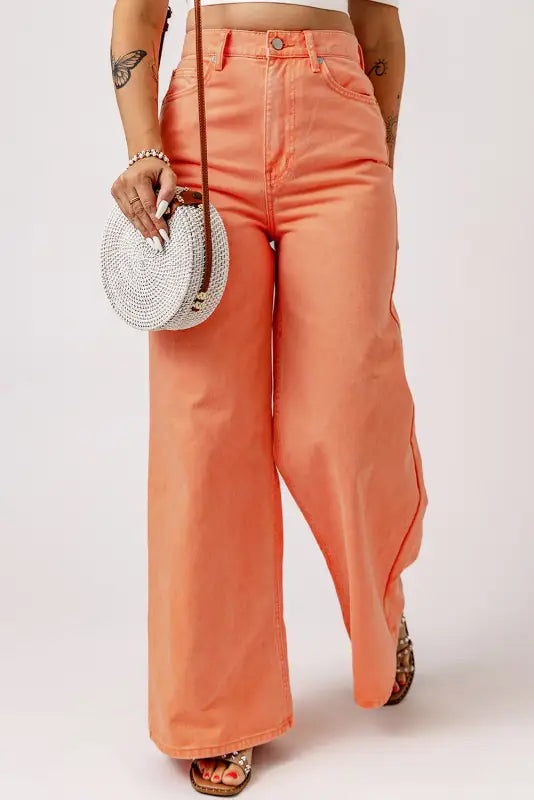 Orange acid wash high waist wide leg jeans