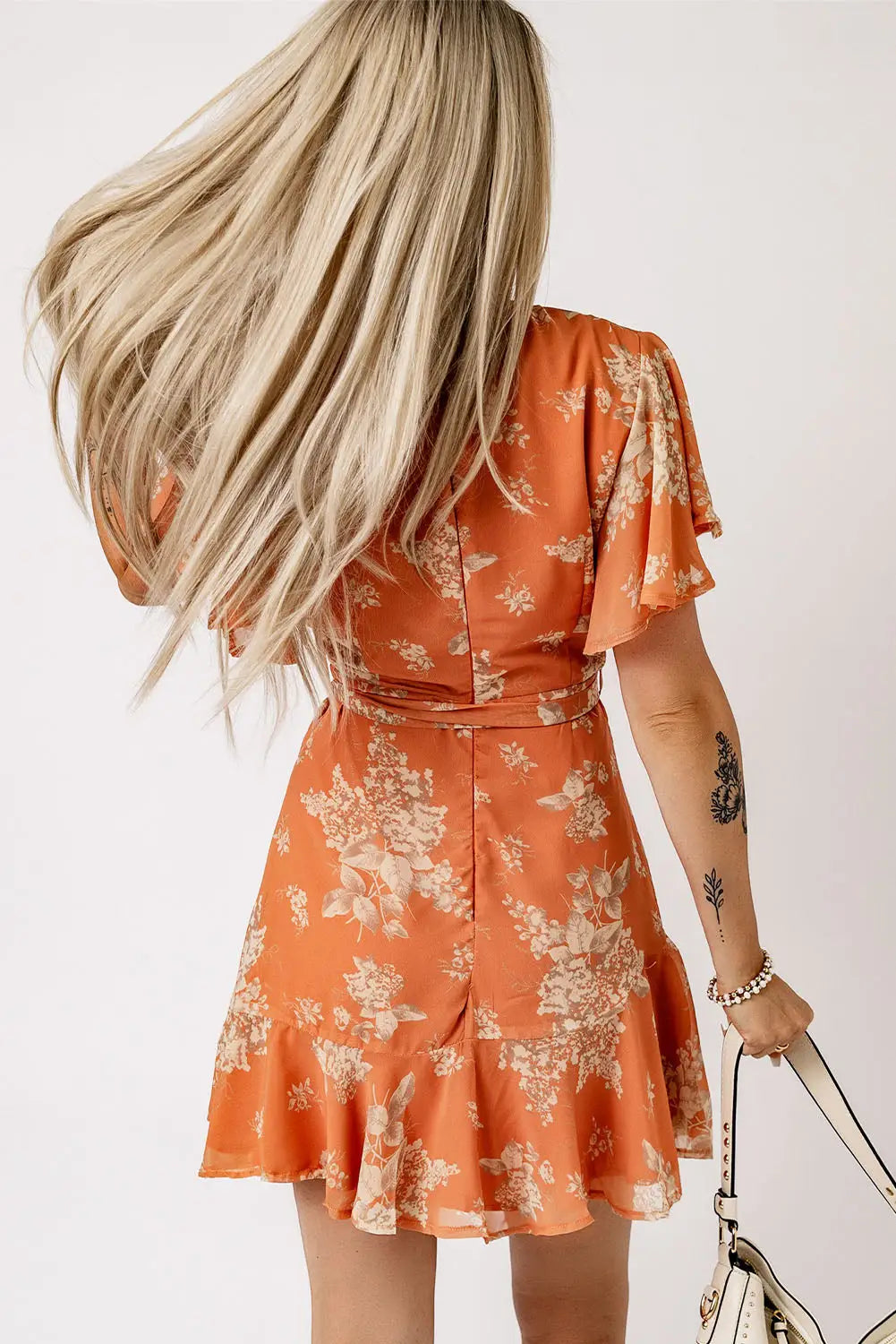 Orange wrapped v neck flutter sleeve floral dress with ruffle - dresses