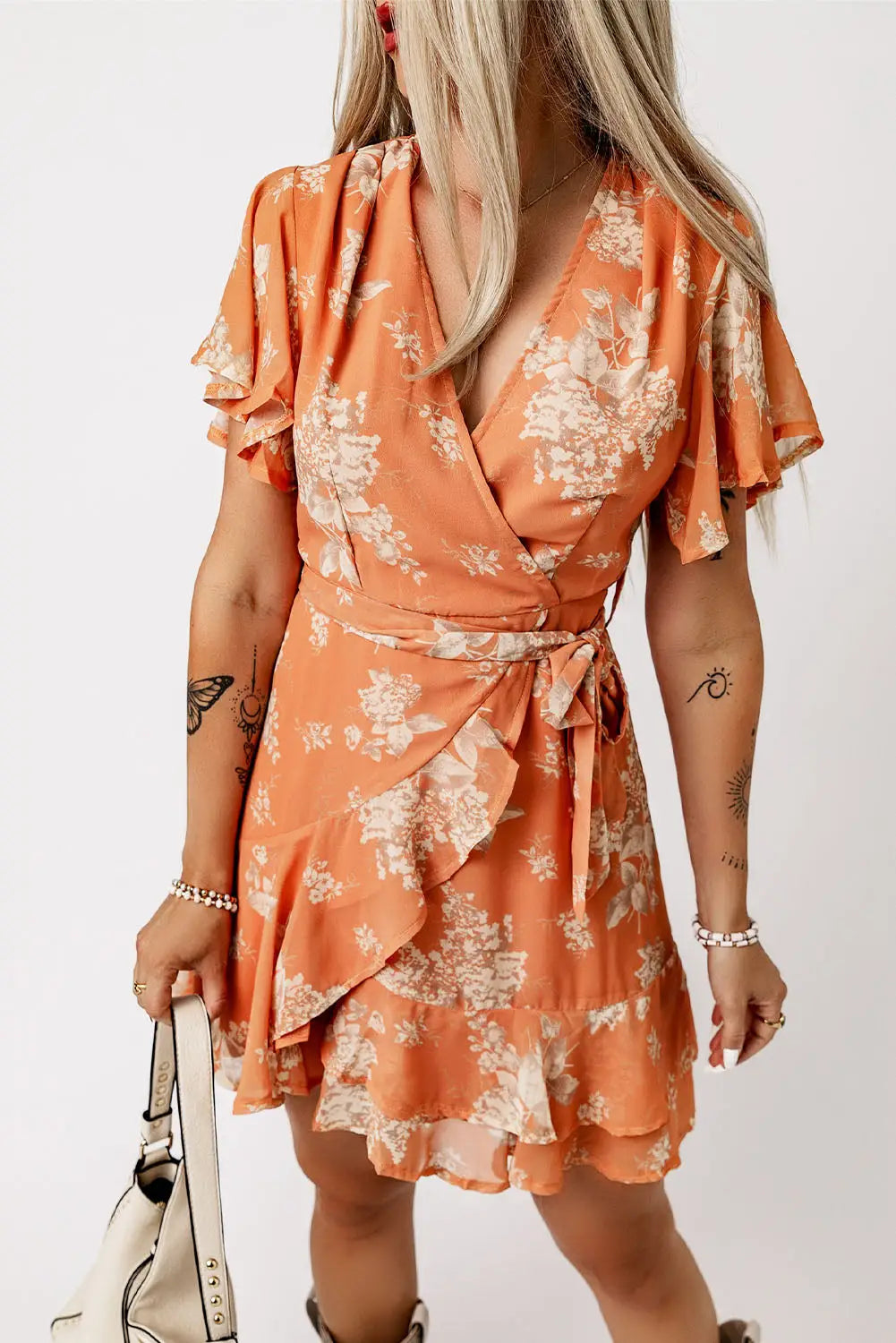 Orange wrapped v neck flutter sleeve floral dress with ruffle - dresses