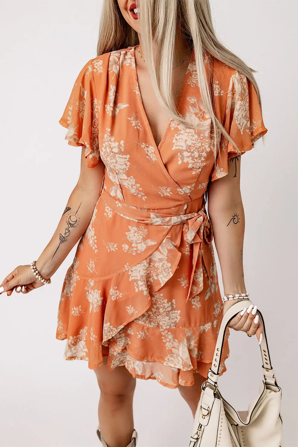 Orange wrapped v neck flutter sleeve floral dress with ruffle - s / 100% polyester - dresses