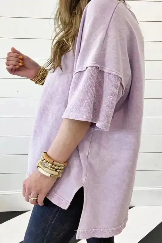 Orchid mineral wash plus size boyfriend fit tee, raw hem detail, relaxed silhouette, Fashionfitz