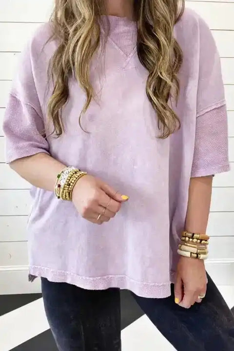 Woman wearing orchid mineral wash oversized plus size tee with drop shoulders, front view, Fashionfitz UK