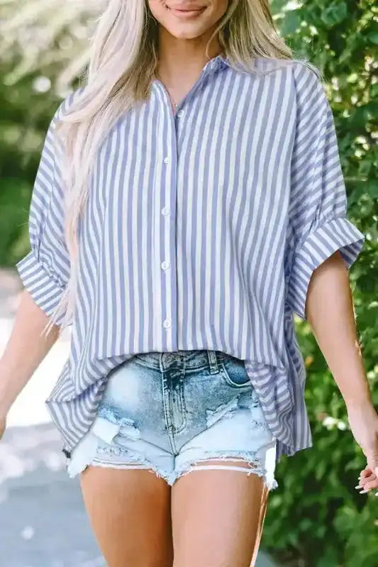 Oversize Shirt - Sky Blue Stripe Dolman Sleeve - Fashionfitz