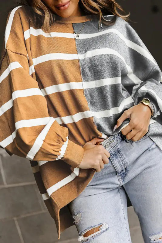 Oversized brown contrast top - long sleeve tops