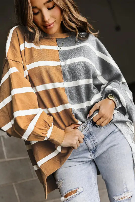 Oversized brown contrast top - long sleeve tops