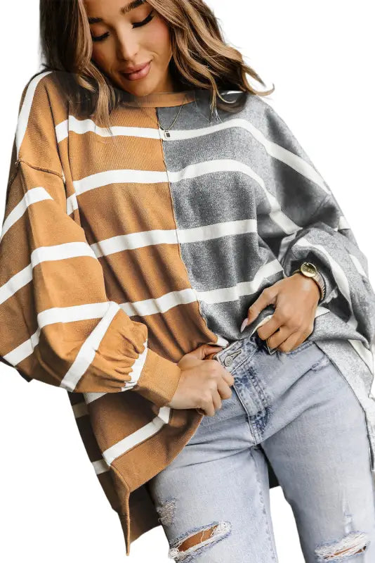 Oversized brown contrast top - long sleeve tops