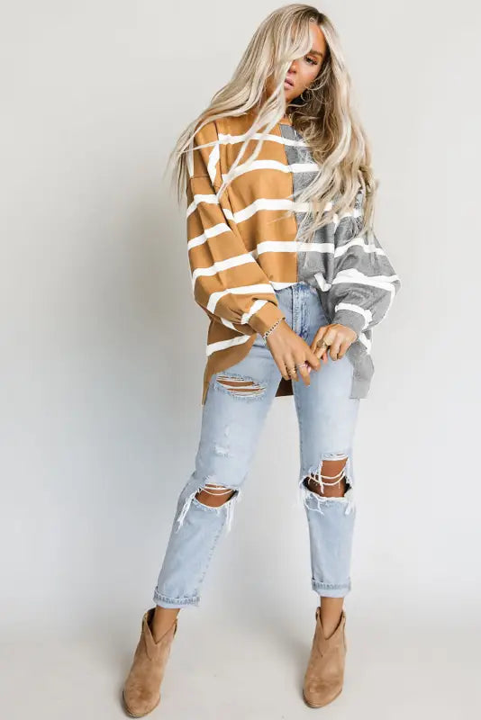 Oversized brown contrast top - long sleeve tops