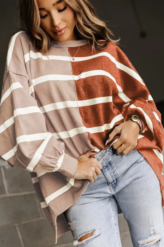 Oversized brown contrast top - long sleeve tops