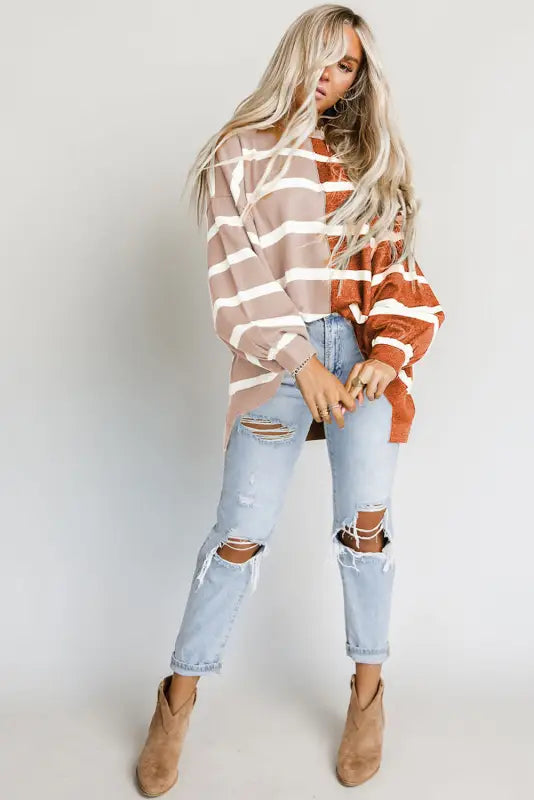 Oversized brown contrast top - long sleeve tops