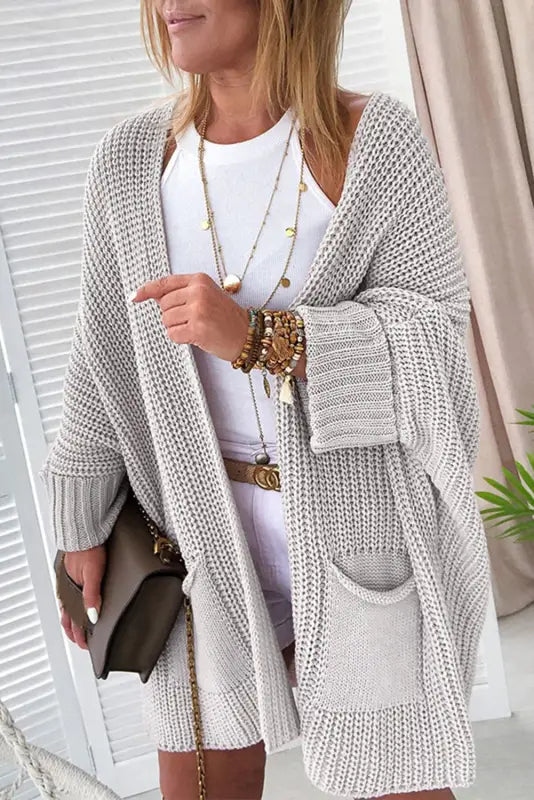 Black oversized fold over sleeve sweater cardigan - gray / s / 65% acrylic + 35% polyester - sweaters & cardigans