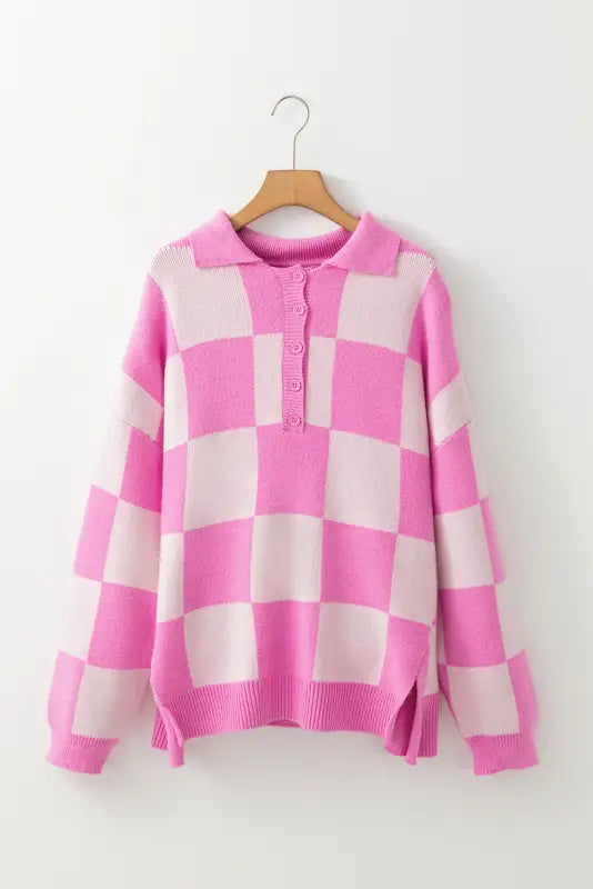 Oversized jumper - pink checkered half button collared