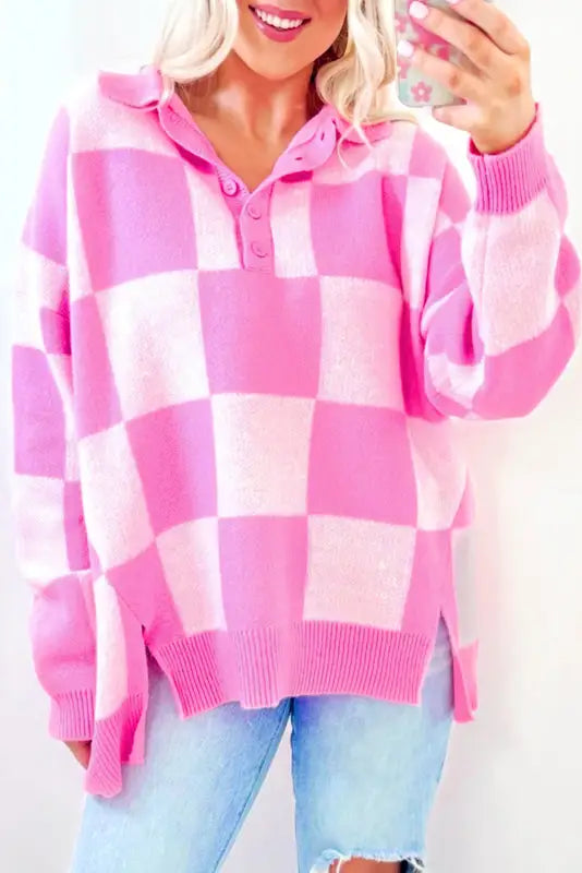 Oversized jumper - pink checkered half button collared