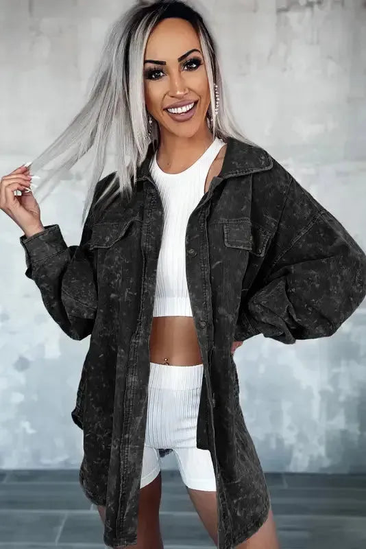 Oversized Shacket - Black Vintage Distressed Mineral Wash - Fashionfitz