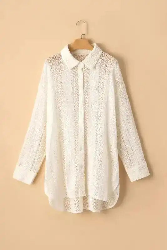 Oversized Shirt - Beige Lace Crochet - Fashionfitz