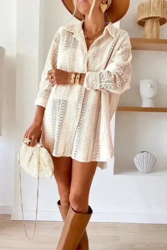 Oversized Shirt - Beige Lace Crochet - Fashionfitz