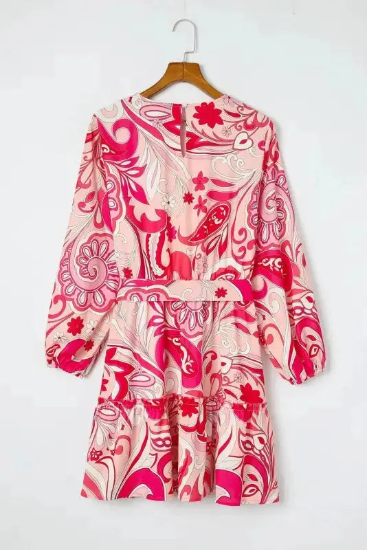 Paisley Printed Button Keyhole Back Belted Mini Dress - Fashionfitz