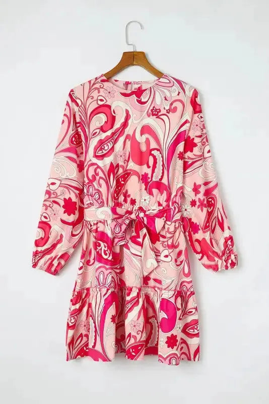 Paisley Printed Button Keyhole Back Belted Mini Dress - Fashionfitz
