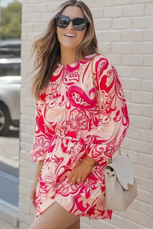 Paisley Printed Button Keyhole Back Belted Mini Dress - Fashionfitz