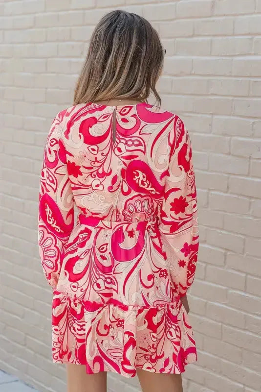 Paisley Printed Button Keyhole Back Belted Mini Dress - Fashionfitz