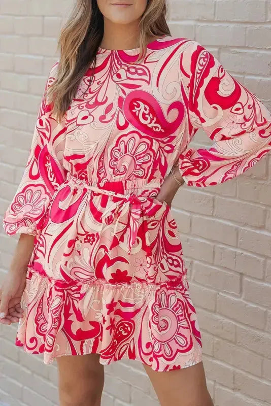 Paisley Printed Button Keyhole Back Belted Mini Dress - Fashionfitz