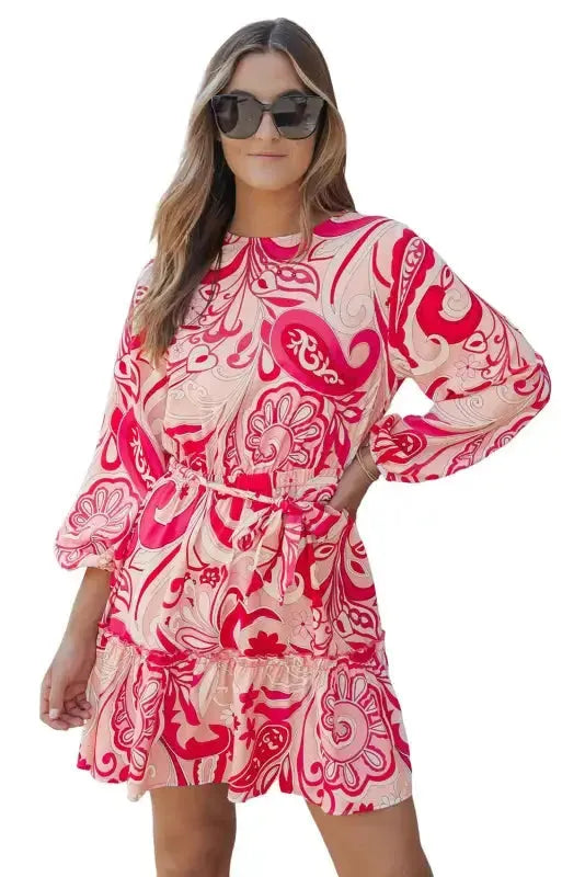Paisley Printed Button Keyhole Back Belted Mini Dress - Fashionfitz