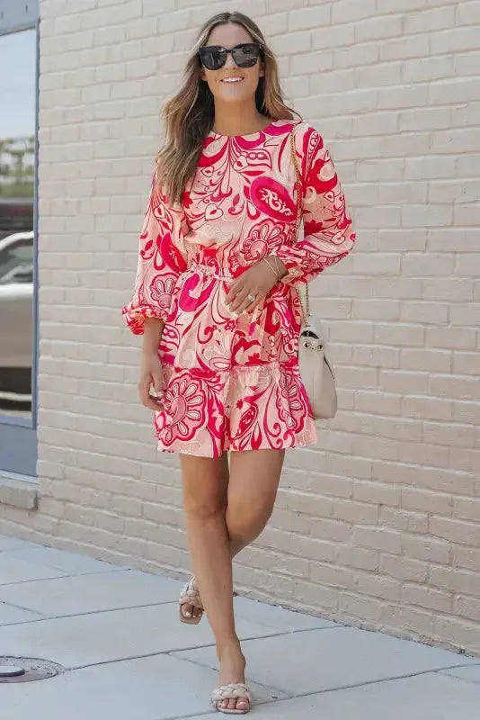 Paisley Printed Button Keyhole Back Belted Mini Dress - Fashionfitz
