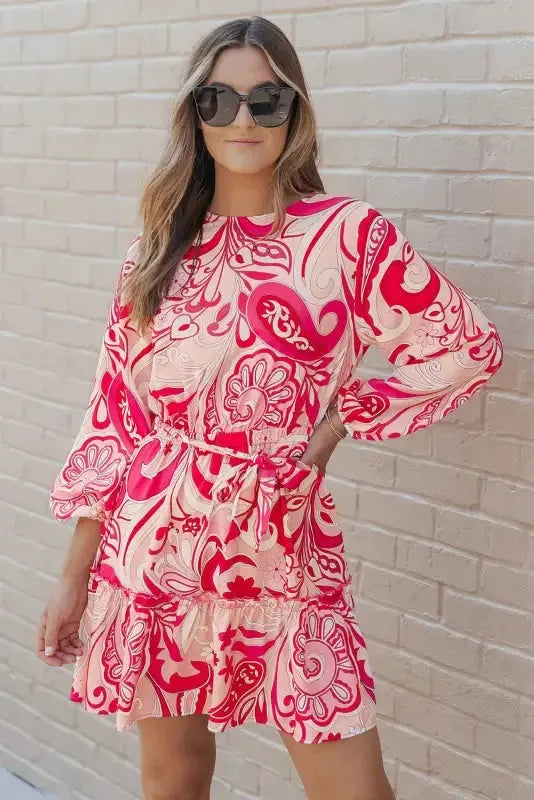 Paisley Printed Button Keyhole Back Belted Mini Dress - Fashionfitz