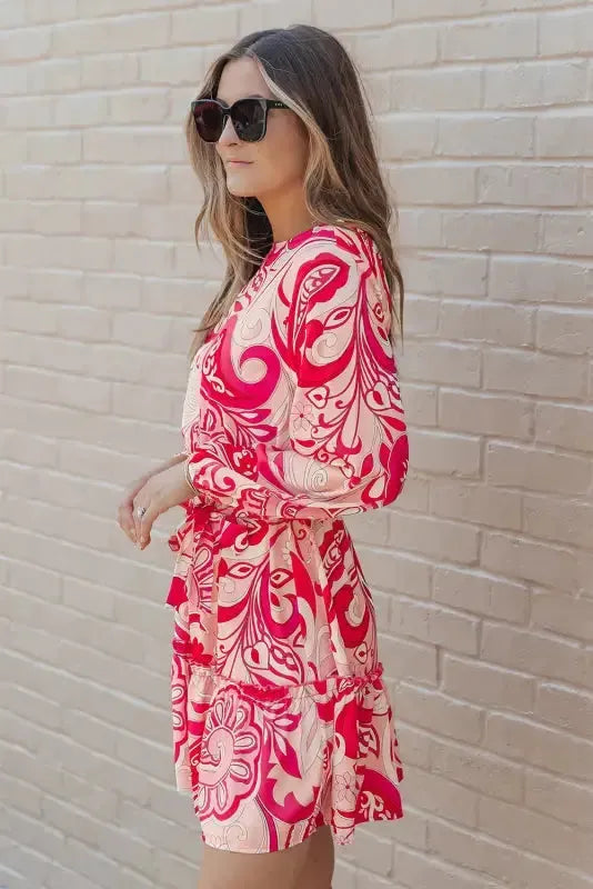 Paisley Printed Button Keyhole Back Belted Mini Dress - Fashionfitz