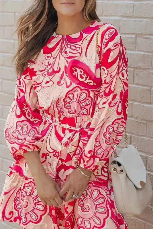 Paisley Printed Button Keyhole Back Belted Mini Dress - Fashionfitz