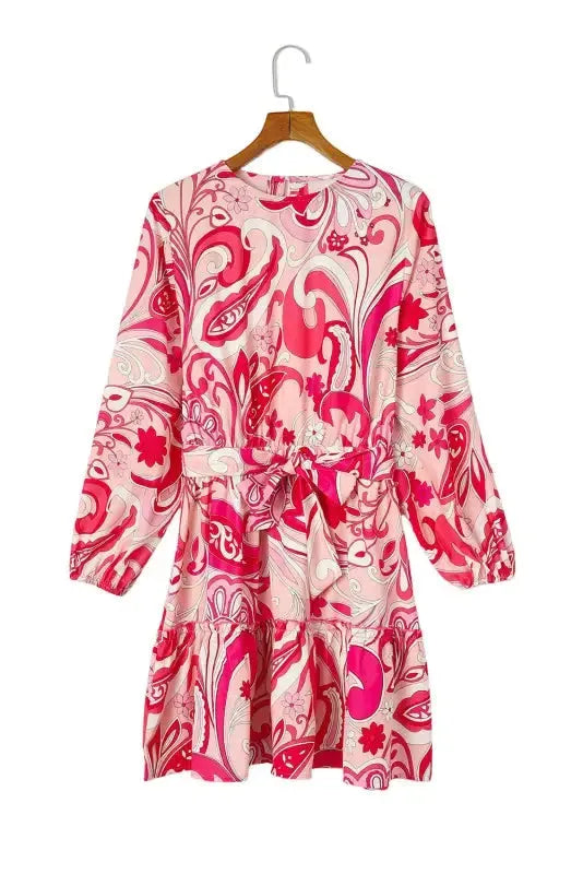 Paisley Printed Button Keyhole Back Belted Mini Dress - Fashionfitz