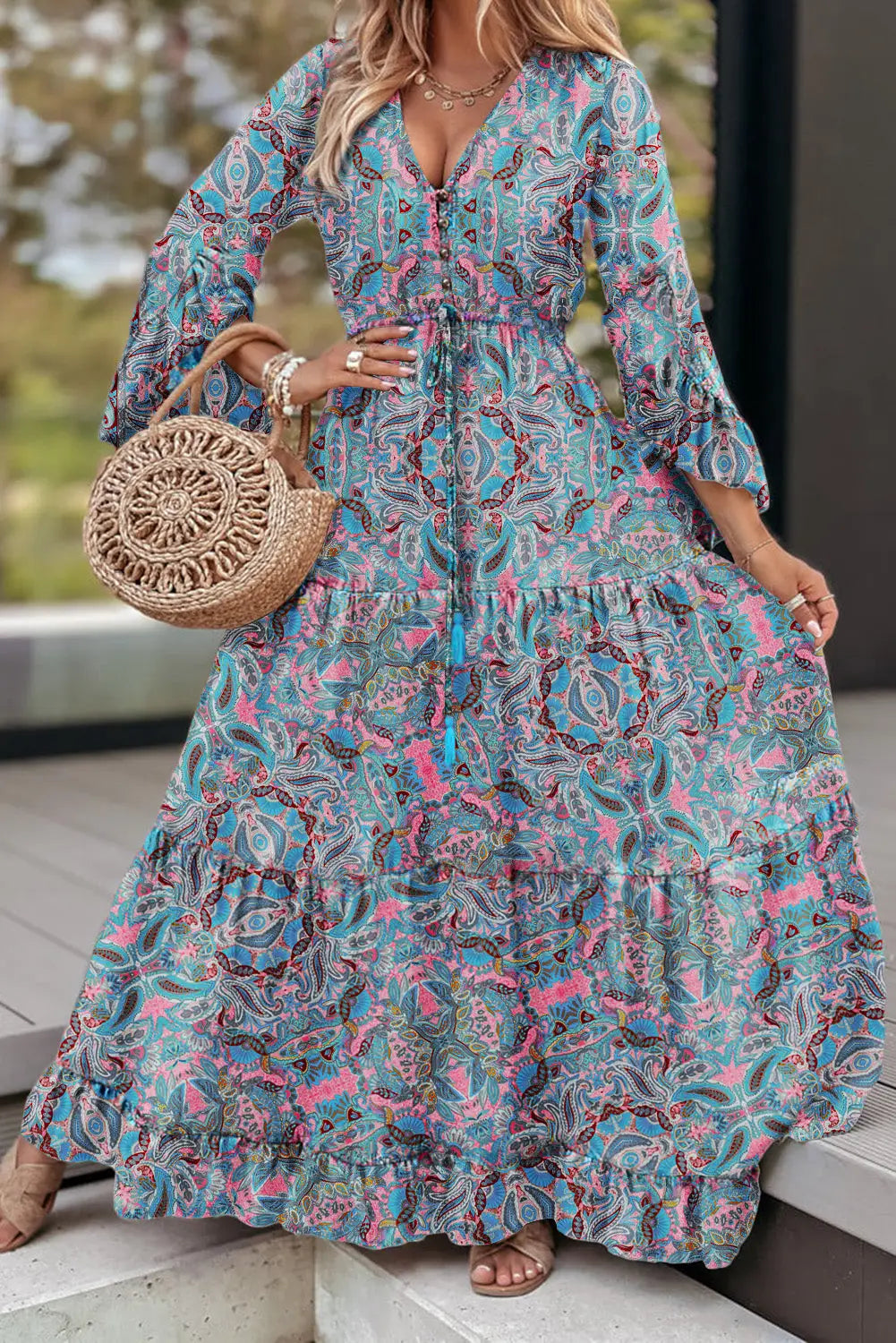 Paisley printed ruffle trim elegant maxi dress - pink / s / 100% polyester - dresses